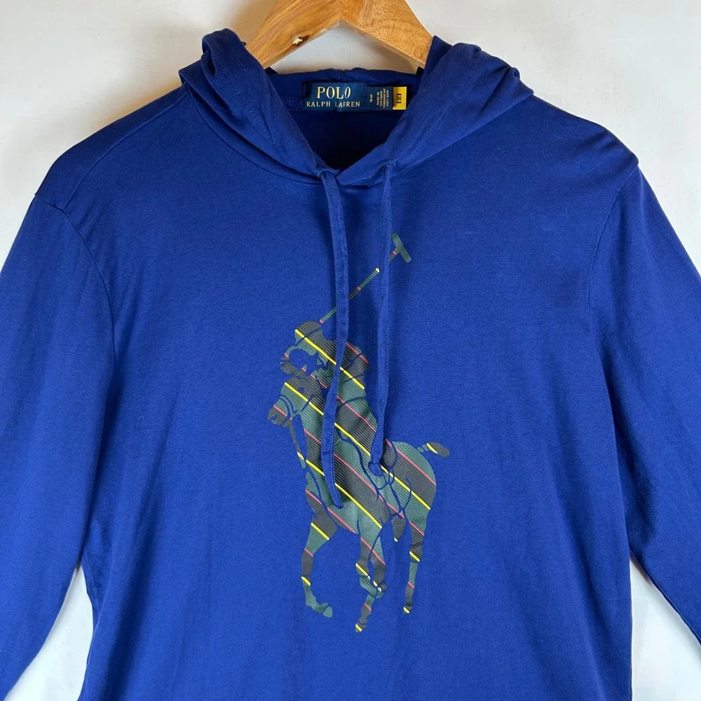 Polo Ralph Lauren Mens Blue Striped‎ Big Pony Graphic Hooded Long Sleeve Tee S